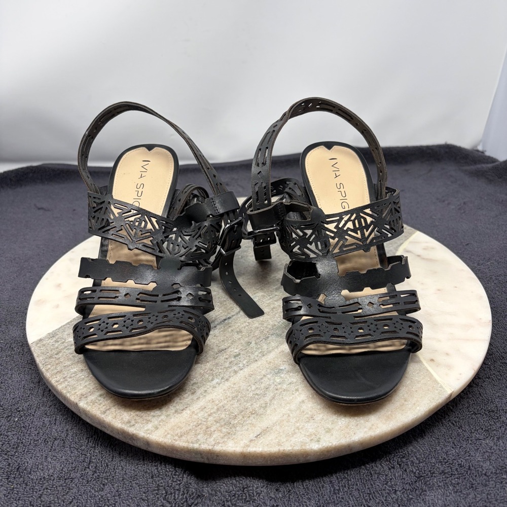 Via Spiga Strappy Heel Womens Laser Cut Leather Cage Sandal 7M Black
